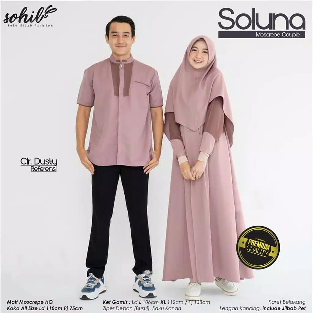 SOLUNA COUPLE KAIN MOSSCRAPE ( GAMIS WANITA DAN HIJAB + KEMEJA PRIA )  BAJU COUPLE  PASANGAN SUAMI ISTRI TERBARU 2022 BAJU COUPLE