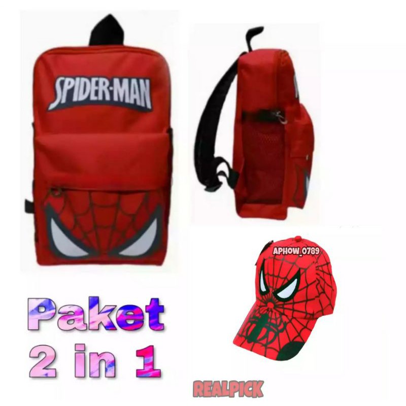 2 in1 set tas slempang spiderman+topi bordir spiderman