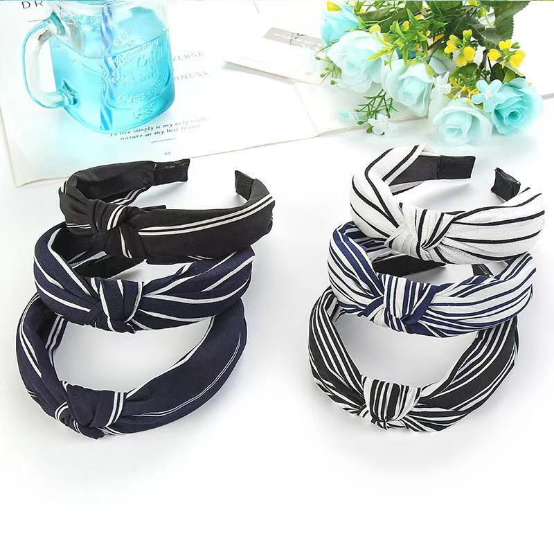 Headband Bando Korea Style Bandana Polos Bando Kain Motif Garis-Garis Bando Simpul Import