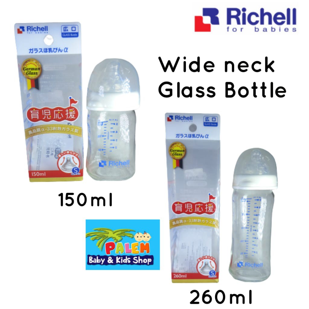 Richell Glass Bottle 150ml &amp; 260ml Wide Neck Botol Susu Bayi Kaca Gelas