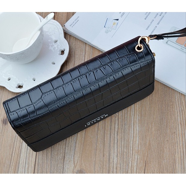 DOMPET WANITA 2 RESLETING PANJANG KULIT CROCO PREMIUM KEKINIAN HITAM BELGIAN WA332B5 PESTA KOREA TALI PENDEK KARTU REMAJA MURAH IMPORT