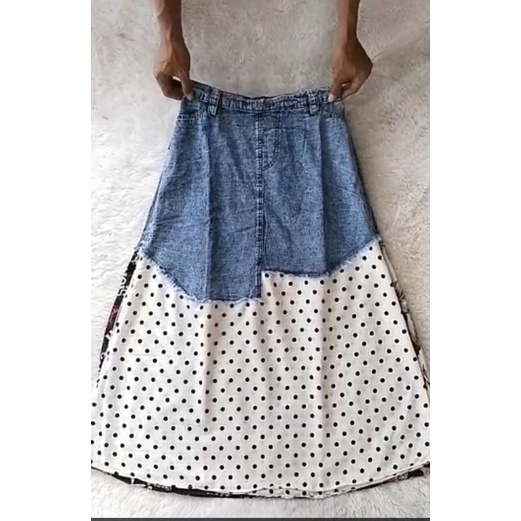 rok jeans import panjang wanita/rok jeans snow/rok jeans Kombi polkadot-SNOW 1