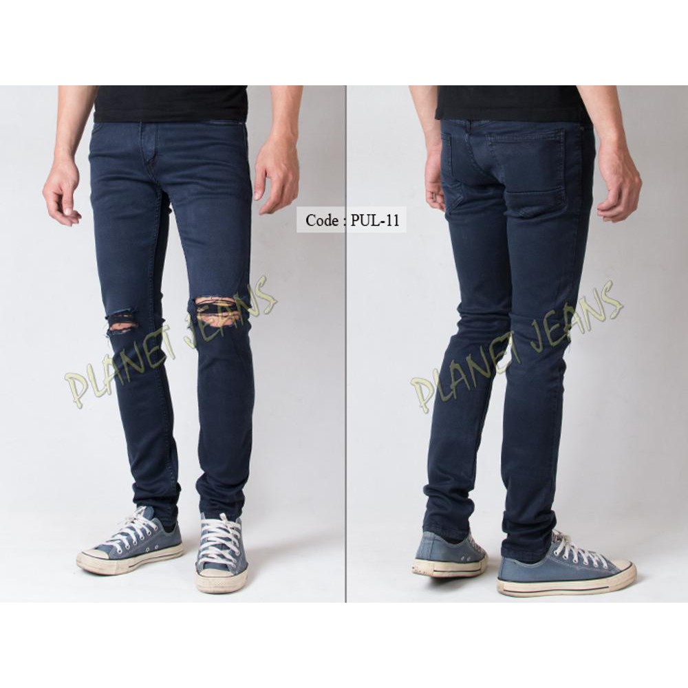 Celana Jeans Robek Lutut Pria Skinny Pensil Denim Skiny Sobek Dengkul Warna Biru Navy Polos Cowok P