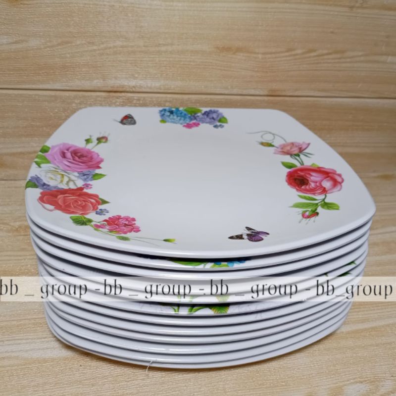 6 pcs piring prasmanan melamine asli segi 9inc melamine ware motif mawar