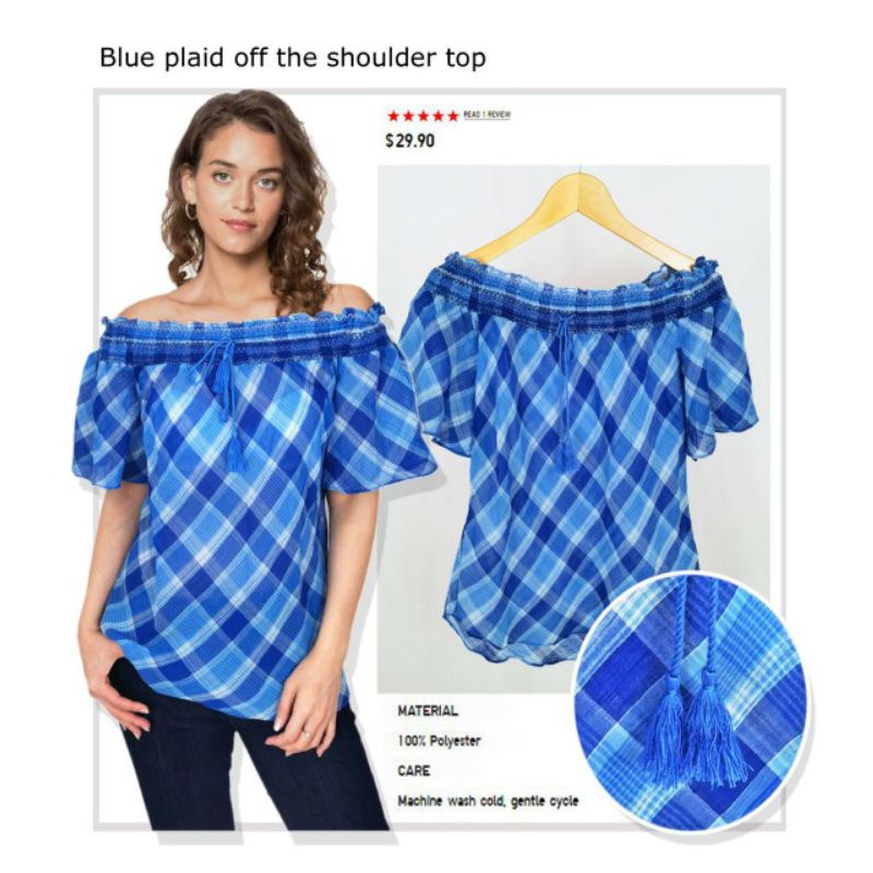 R*phlauren blue plaid off the shoulder top