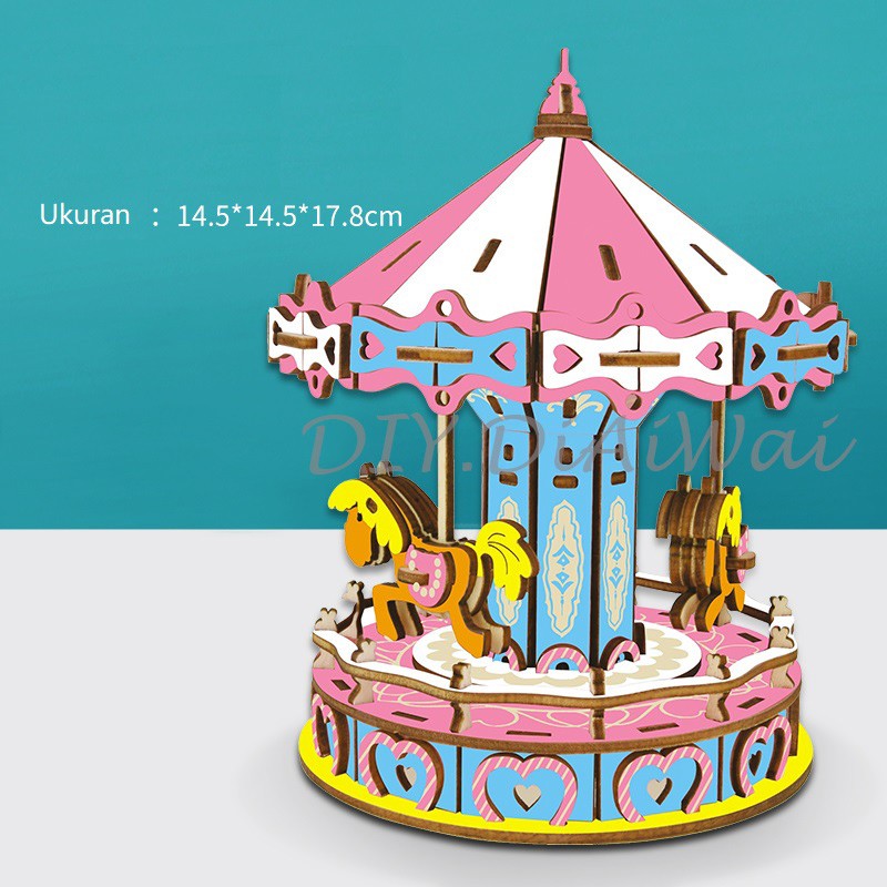 Puzzle 3D DIY bahan kayu model CAROUSEL-Merry-Go_round/Komudi Putar mainan puzzle edukasi anak (kado