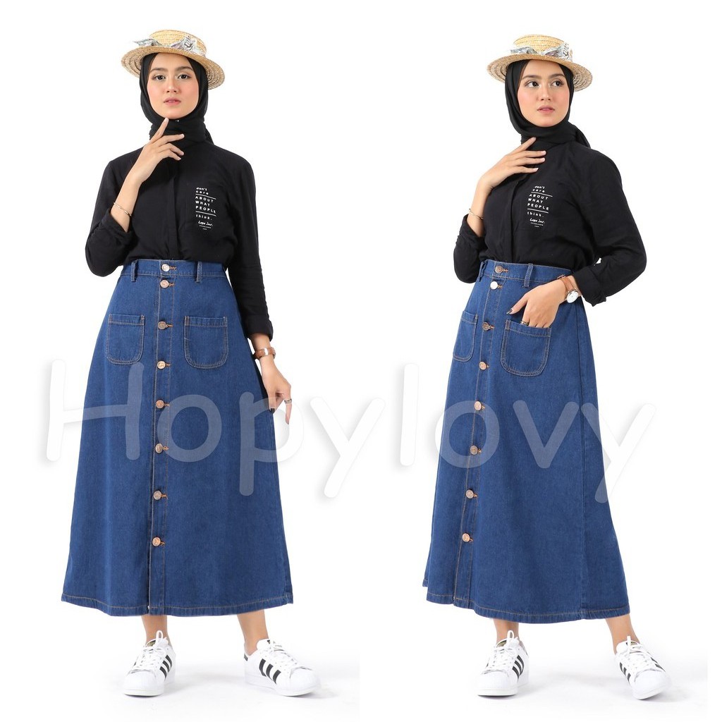 HOPYLOVY - Rok Jeans Panjang Wanita Maxi Skirt Safaira