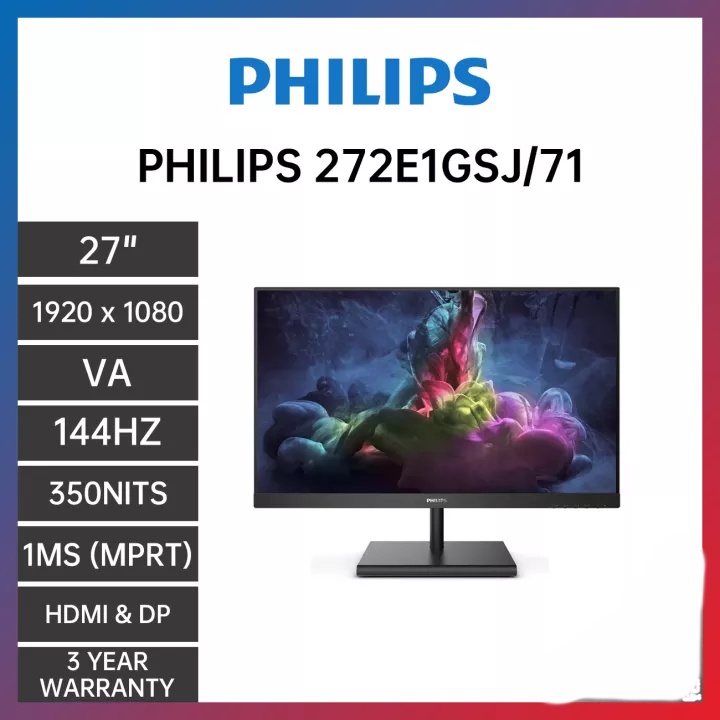 LED Monitor Philips 272E1GSJ 27&quot; VA 1080P 144Hz 1ms 350cdm HDMI DP Resmi