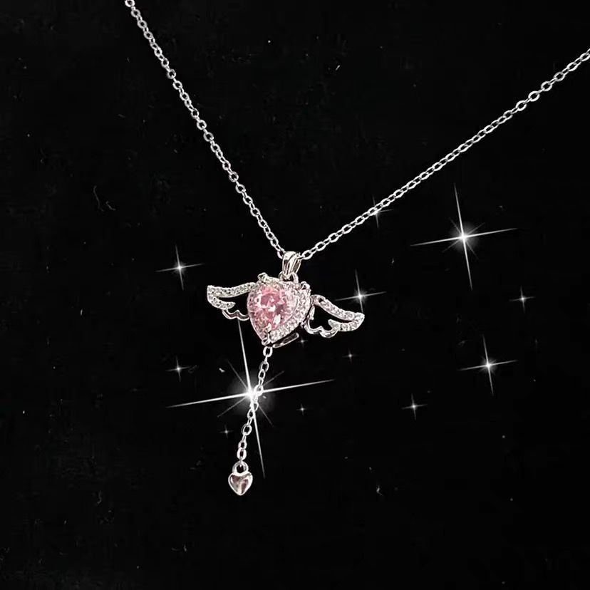 Barbie Kalung Rantai Silver 925 Liontin Hati + Sayap Malaikat Hias Cubic Zirconia Pink Untuk Wanita