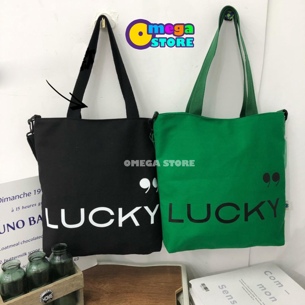 Tas Tote Bag Wanita Pria Resleting Terbaru Kekinian Motif LUCKY Fashion Korea Style Multifungsi  -263