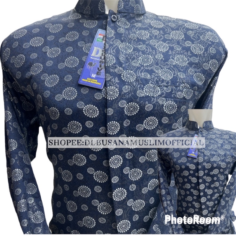 Baju Koko DL Motif Matahari, Baju Muslim DL, Baju Muslim Koko Pria Lengan Panjang Warna Dongker/Navy