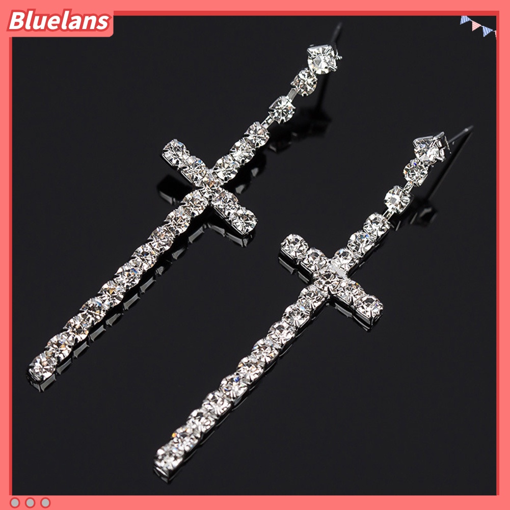 Bluelans Women Rhinestone Cross Pendant Single Double Rows Dangle Eardrop Stud Earrings