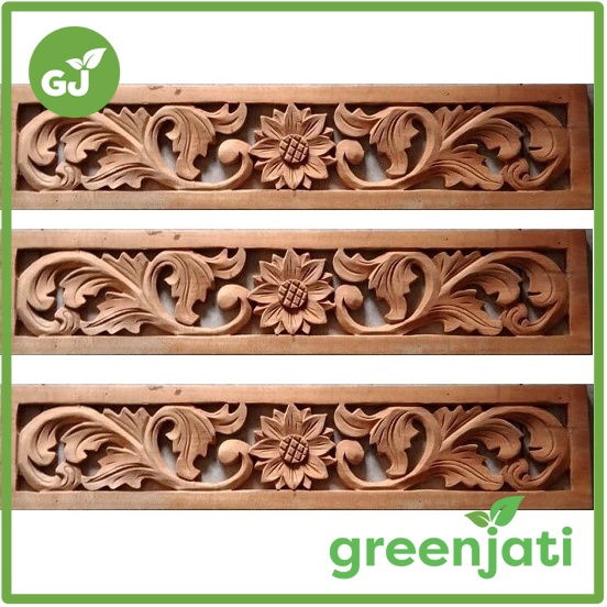 Ornamen Ukir Tempel Kepingan Loster Kayu Mahoni Motif Daun Matahari 60 X 13 cm