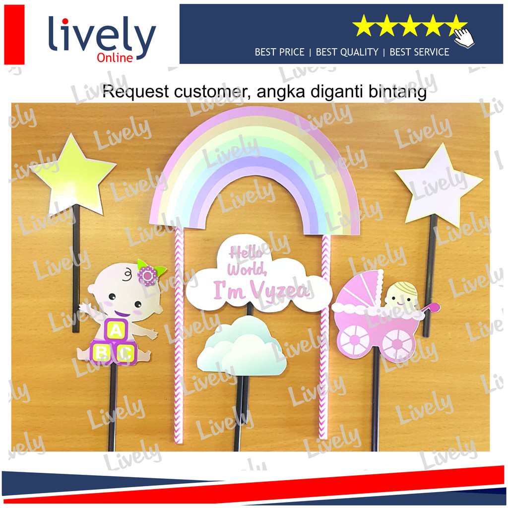 CUSTOM NAMA CAKE TOPPER KARAKTER HIASAN KUE ULANG TAHUN HAPPY BIRTHDAY BABY GIRL RAINBOW set