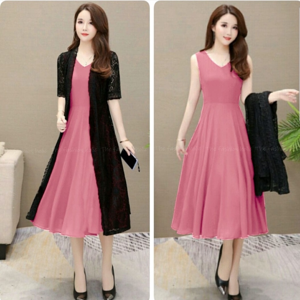 *[VLFK] Stelan Lovita / One Set Panjang Wanita / Setelan Dres dan Longcardi Wanita / Setelan 2in1 Korea
