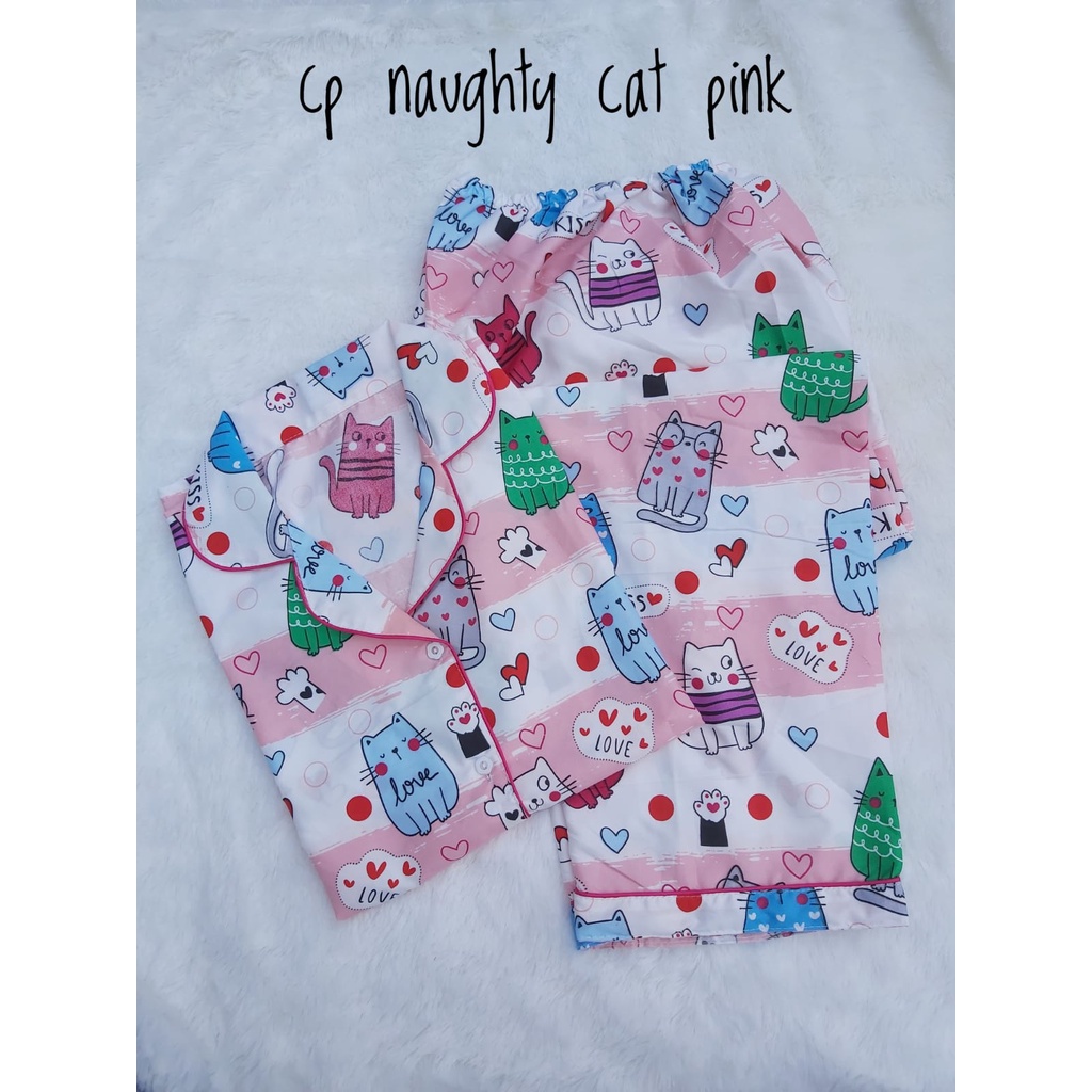 BJ - PIYAMA CP WANITA KARAKTER - Motif Karakter Kartun - Baju Tidur Wanita Murah Lengan Pendek-Naughty Cat Pink