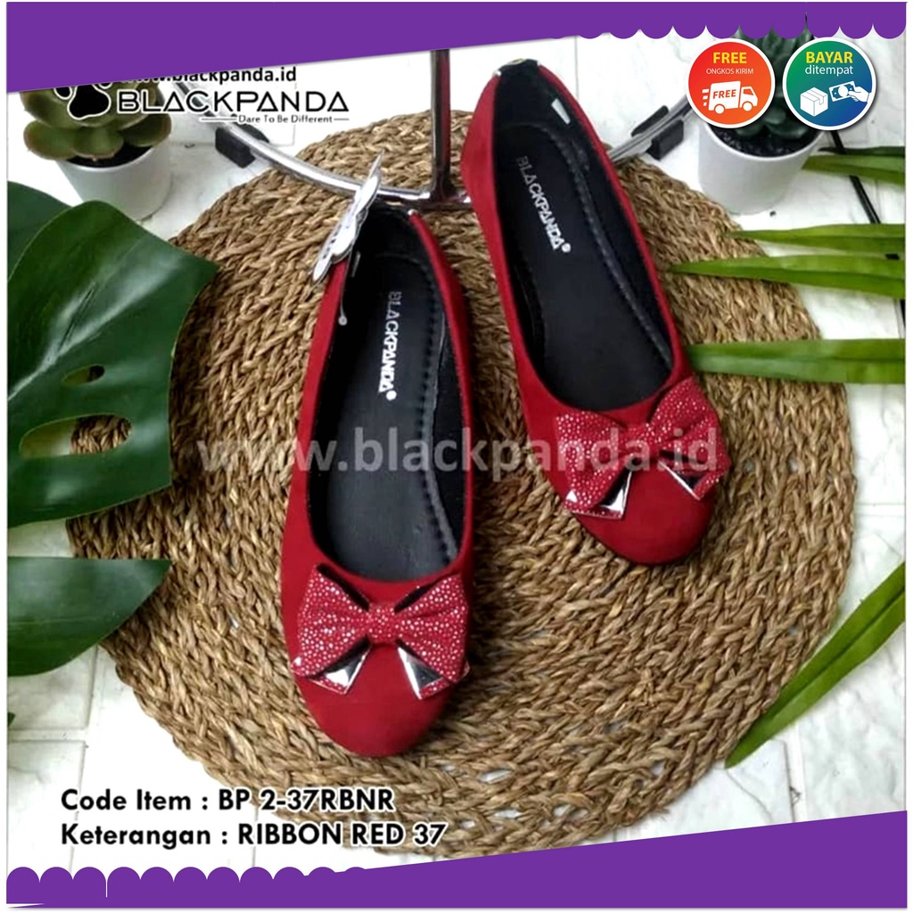 Blackpanda Flat Shoes / Sepatu Black Panda / Sepatu Wanita / Black Panda Ribbon Merah
