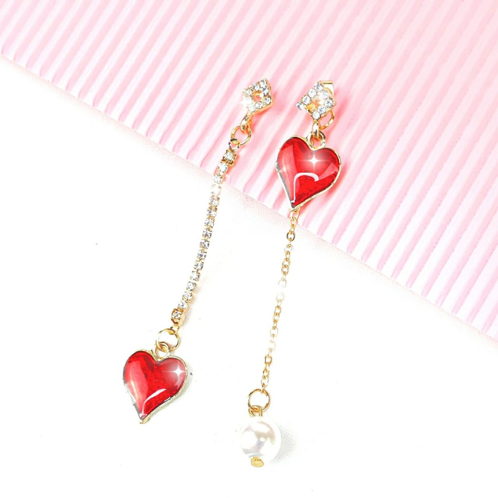 Anting Tusuk Panjang Shiny Diamond and Red Gemstone Love Pearl Earrings