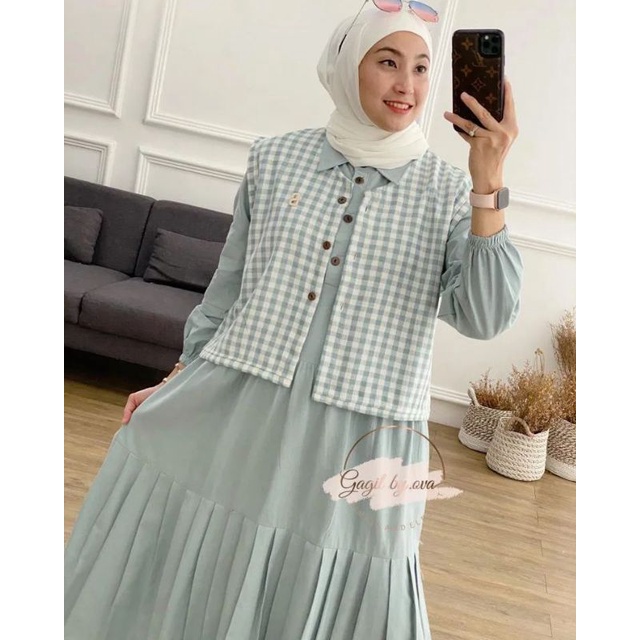 KIRANIA MIDI DRESS SET ROMPI OUTER/BINTANG 3 MIDI DRESS KANCING DEPAN BUSUI FRIENDLY/FASHION WANITA MIDI DRESS PREMIUM/FAR MOSLEMSTORE