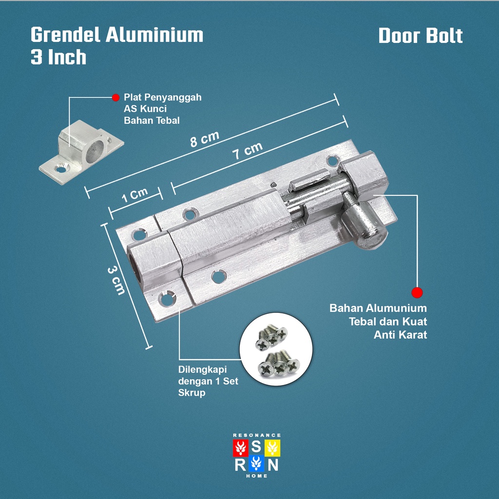 Slot Pintu Jendela Grendel 3 Inch 7 cm Alumunium + Skrup dan Baut Resonance Home