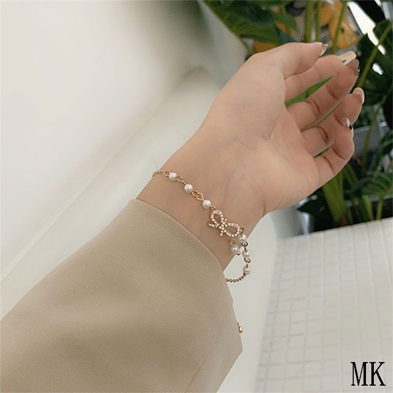 Gelang Korea Fashion Busur Mutiara Hias Berlian Imitasi Bangle Liar Aksesoris Fashion MK-3