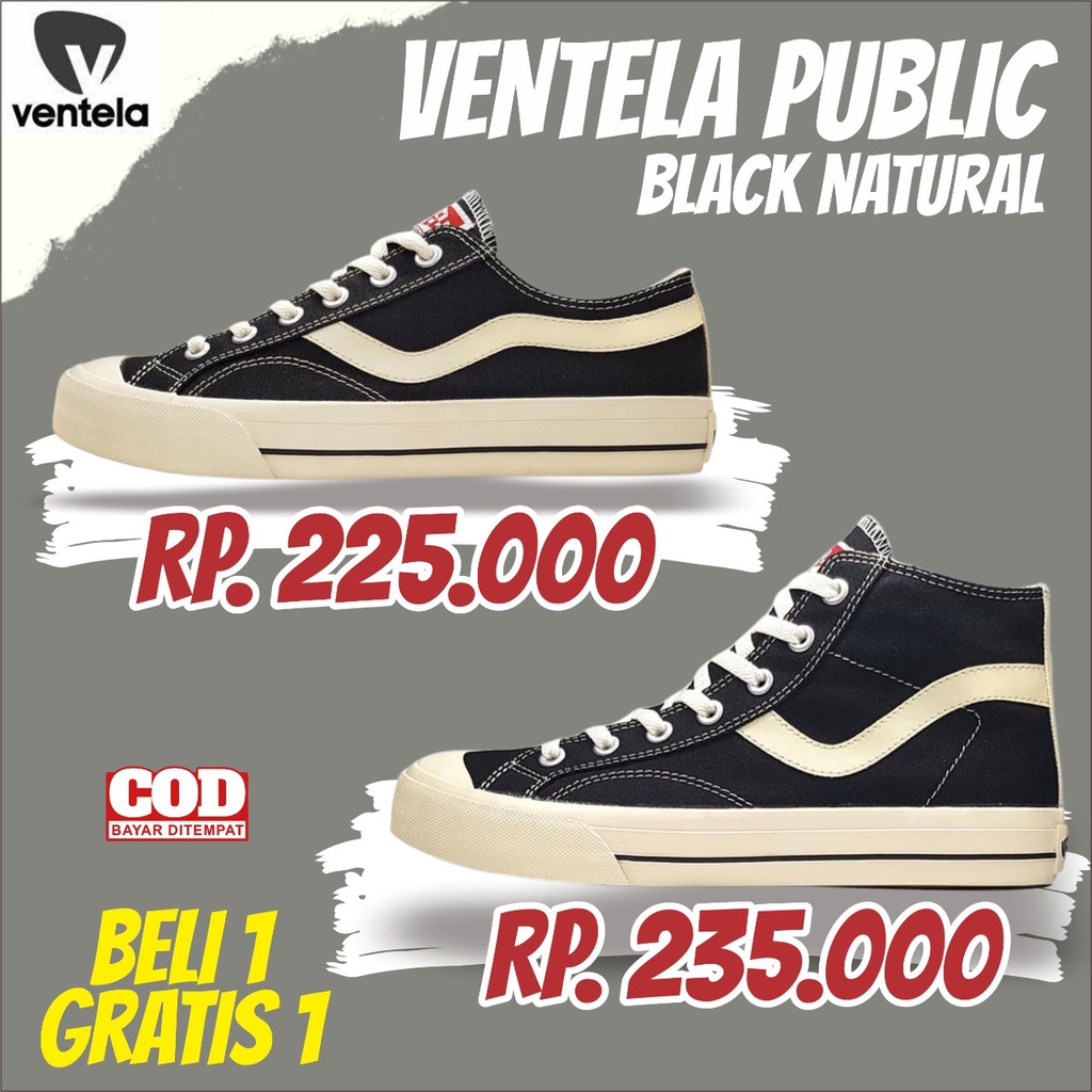Ventela Public Black Natural High Low Sneakers Casual  Vantela Ventella Fashion Pria Sepatu Sekolah 