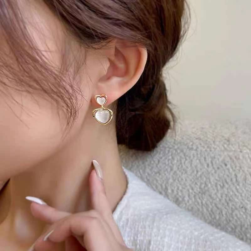 Korea Dongdaemun double lapisan mencintai hati anting-anting perempuan 2021 trendy serbaguna niche t