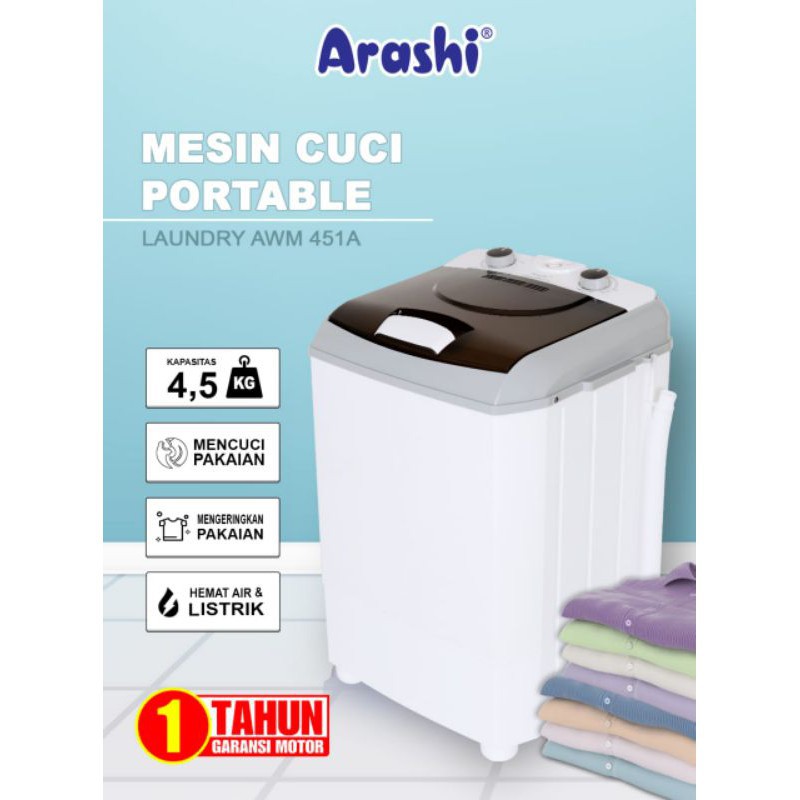 Mesin Cuci Laundry Arashi Kapasitas 4.5kg AWM 451A Mini Portable-5