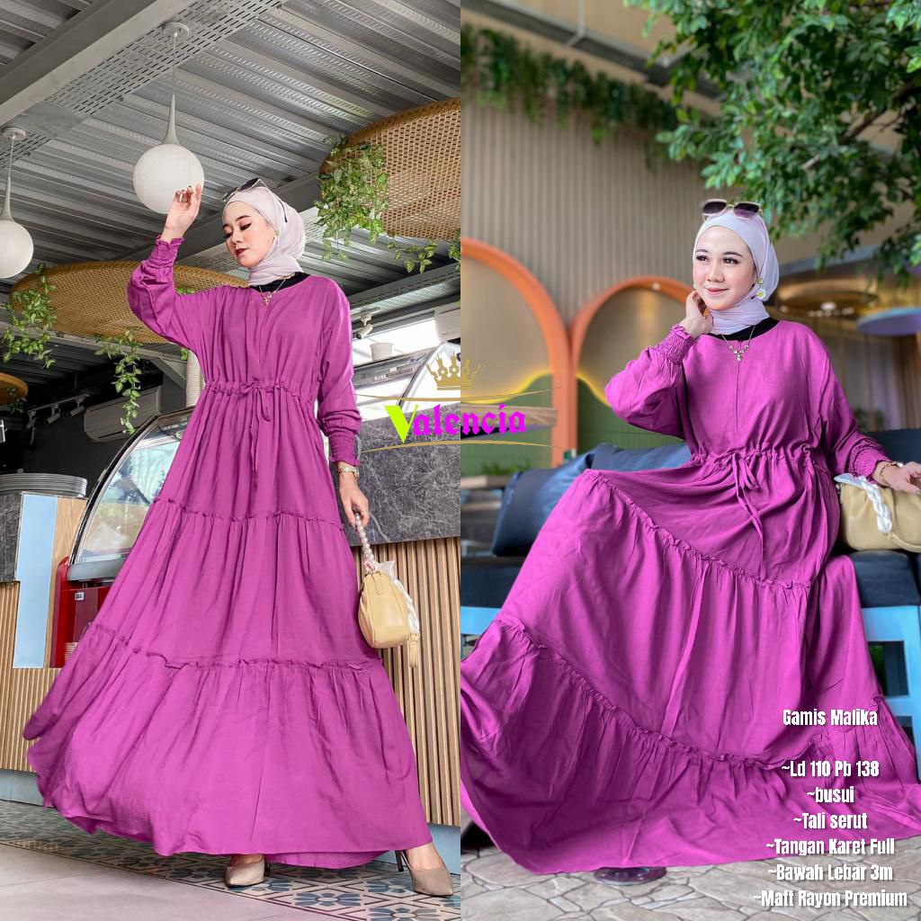 Gamis Susun Malika Polos Rayon Premium Dress Wanita Lengan Panjang Longdress Plain Bigsize LD 110 cm