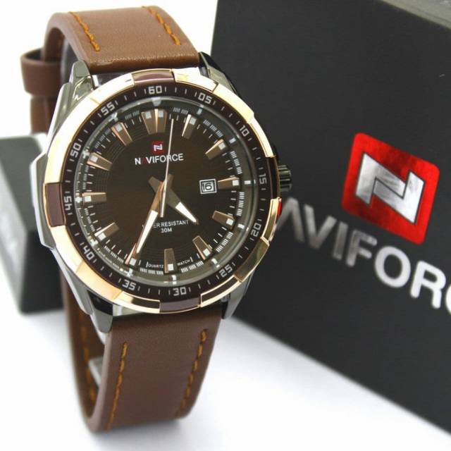 Jam Tangan Pria Naviforce 9056MR Coklat Rosegold Original Strap Kulit Water Resist.