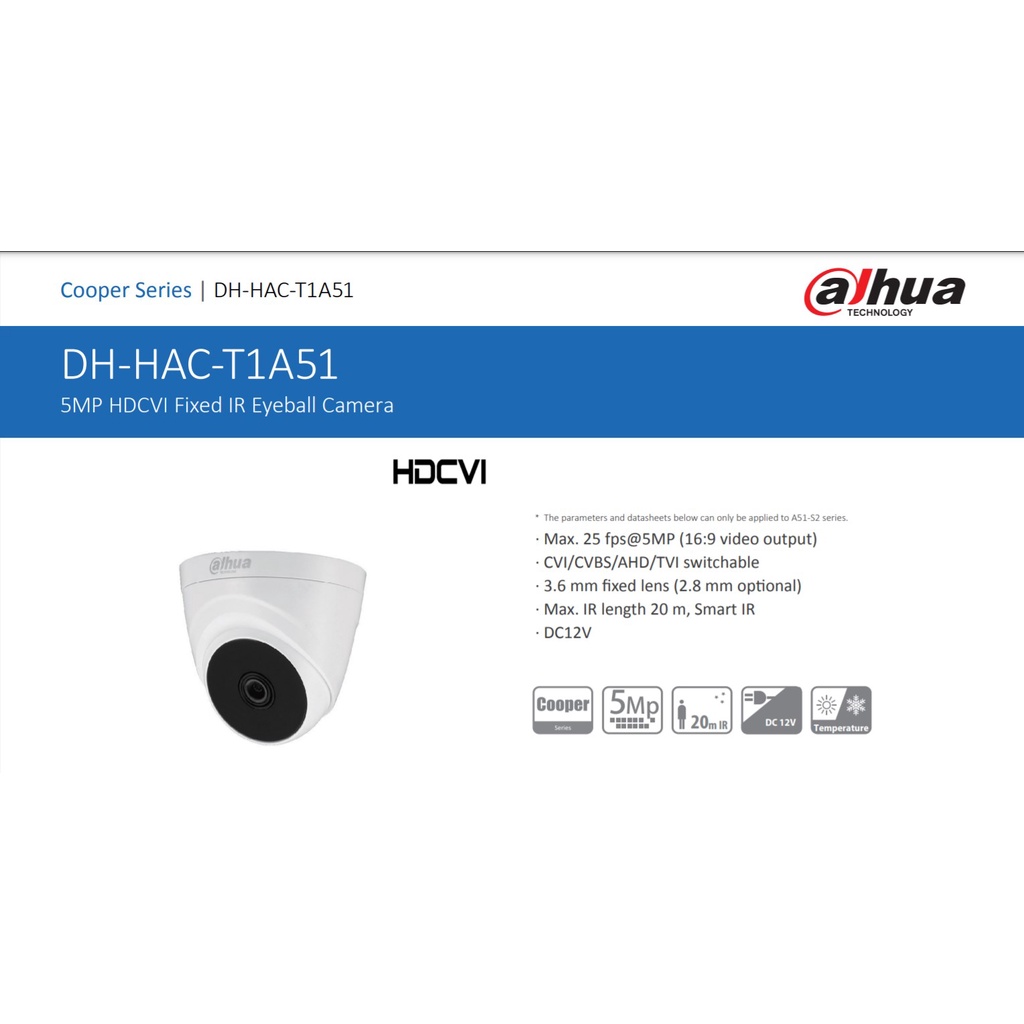 Kamera CCTV Indoor DAHUA 5MP DH-HAC-T1A51P-S2 NEW 16:9 Bonus 2 BNC DRAT