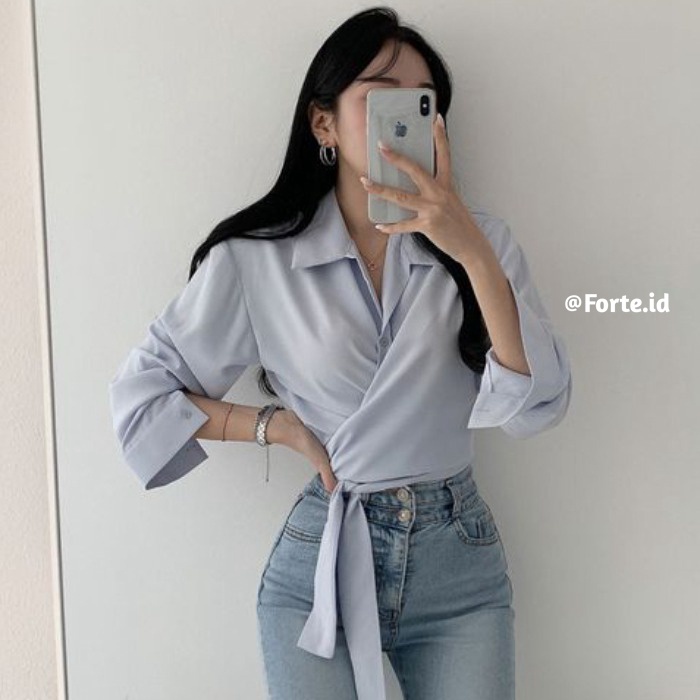 Wrap Blouse Kemeja Lengan Panjang Wanita Terbaru Crop Top