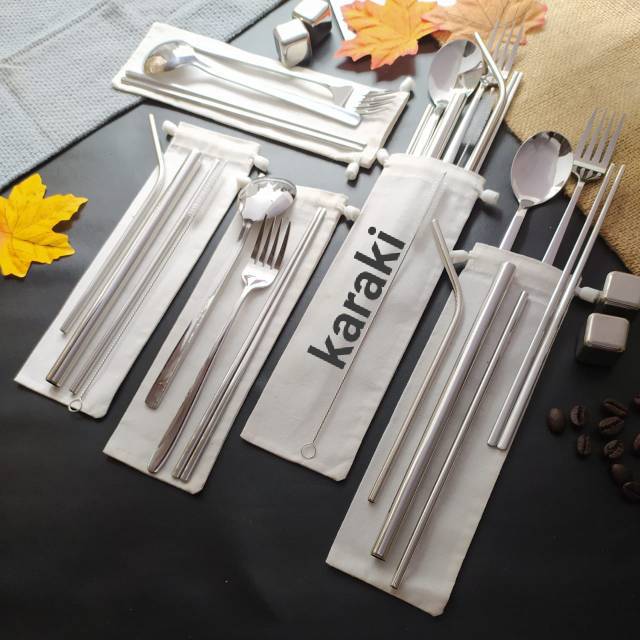 Sendok Set Sendok Korea Set Garpu Sumpit Sedotan Stainless Set Pouch Sedotan Bubble Lurus Bengkok