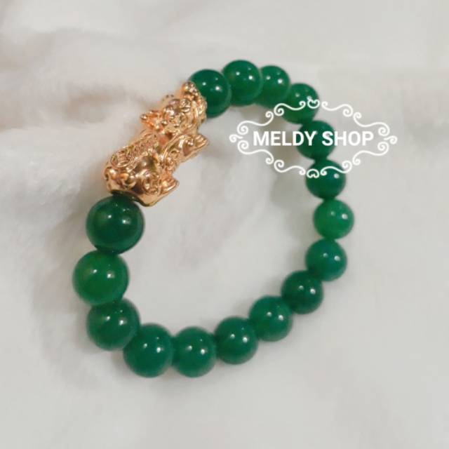 Fengshui gelang naga pixiu batu ASLI hijau giok mainan emas hongkong