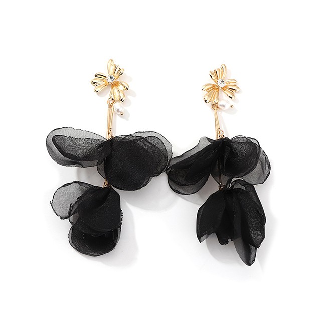 LRC Anting Tusuk Fashion Black Fabric Flower Long Pearl Earrings D94448