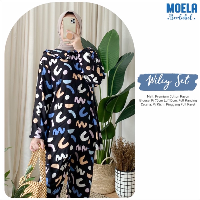 Fashion Moela Megan Set LD 115 Setelan  jumbo bluse lengan panjang motif kekinian pinggang karet