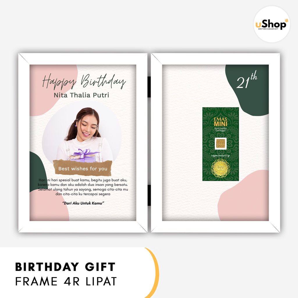 Birthday Gift Custom Foto Kado Ulang Tahun Frame 4R Lipat Logam Mulia Emas Mini