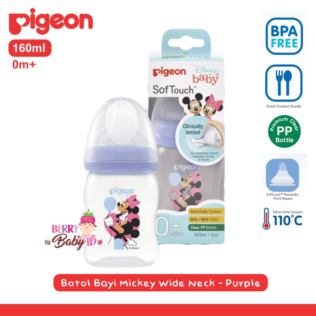 Pigeon Botol PP Wide Neck Botol Susu Bayi Mickey Minnie 160ml 240ml Berry Mart