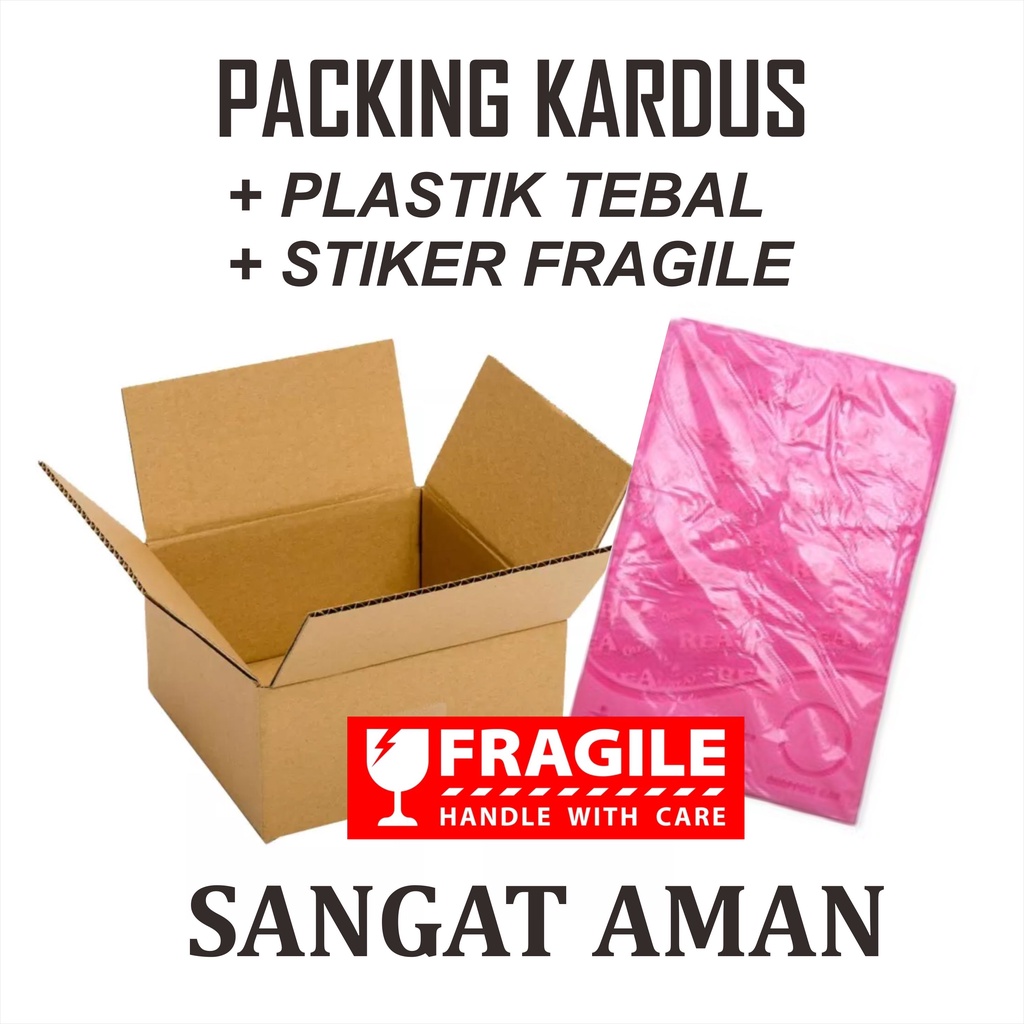 

Packing Kardus + Plastik Tebal + Stiker Fragile Kardus Bekas Layak Pakai untuk pengaman paket