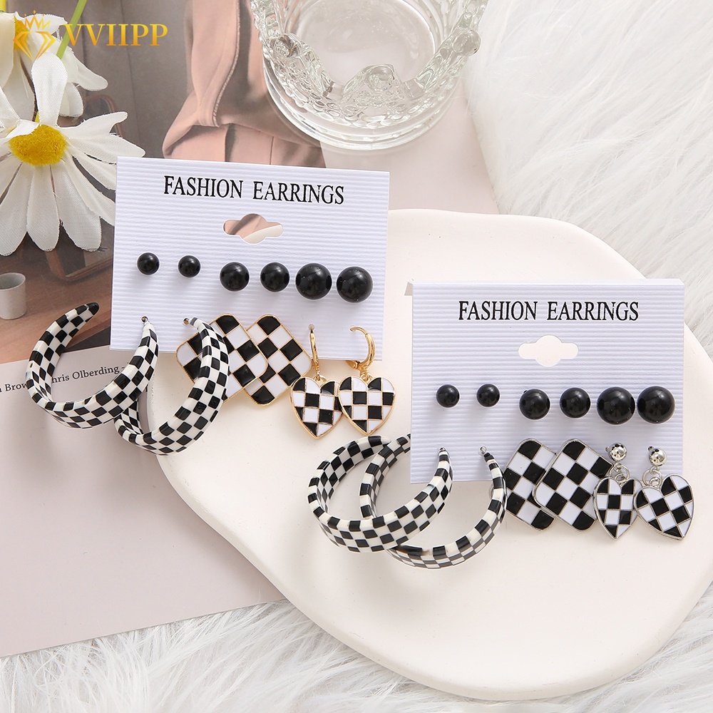 Set Anting Hoop Bentuk Hati Persegi Bulat Motif Kotak-Kotak Untuk Wanita