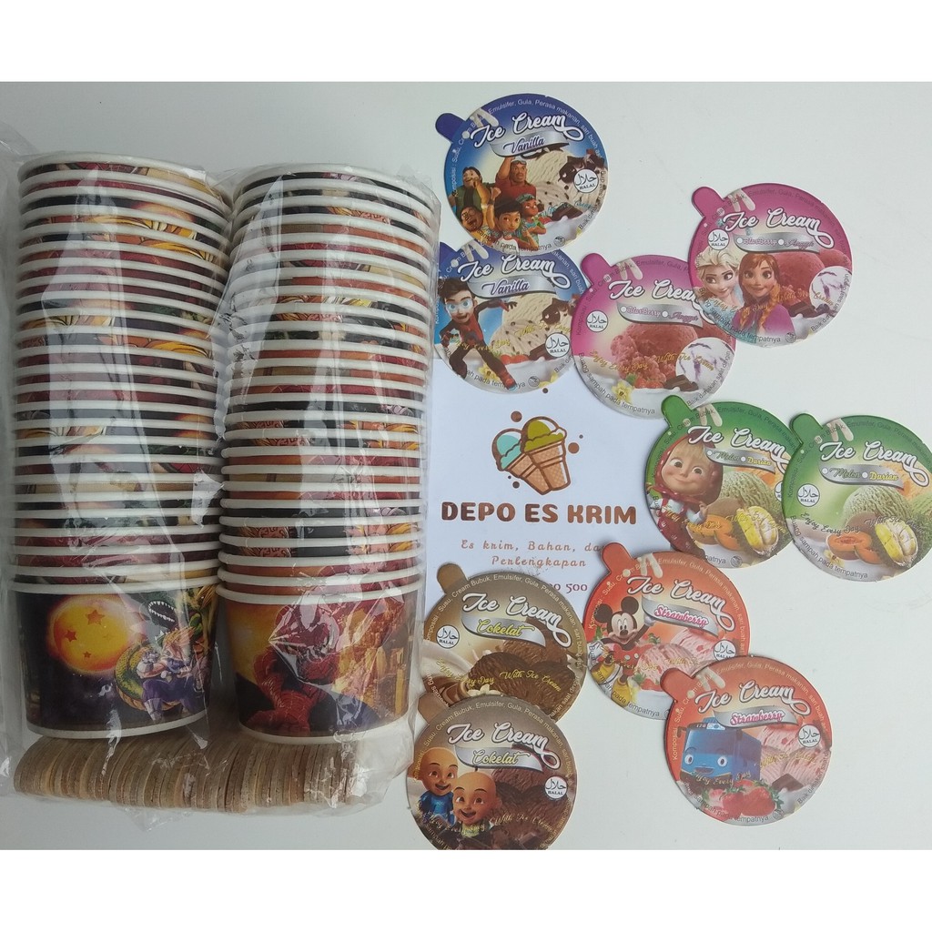 Paper Cup Es Krim 100 ml Murah (Cup Kertas 100ml Sendok Tutup Motif Lucu)