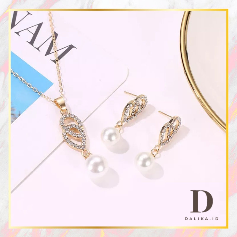 Set Kalung Anting Mutiara Menjuntai Korea Aksesoris Murah Dalika