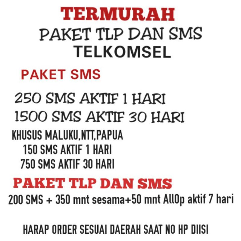 MURAH PAKET SMS TELKOMSEL 600 SMS , 300 SMS, 75 SMS ALL OPERATOR