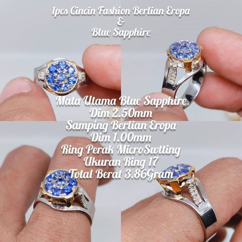 cincin blue safir berlian eropa asli natural ikat perak bkn kalung giwang liontin akik bacan ruby