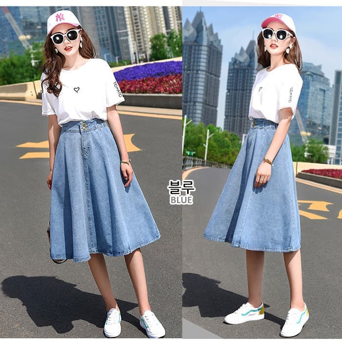 Jual (#6096)Aniston Denim Skirt/Rok Jeans/Rok Denim/Rok Midi  Indonesia|Shopee Indonesia