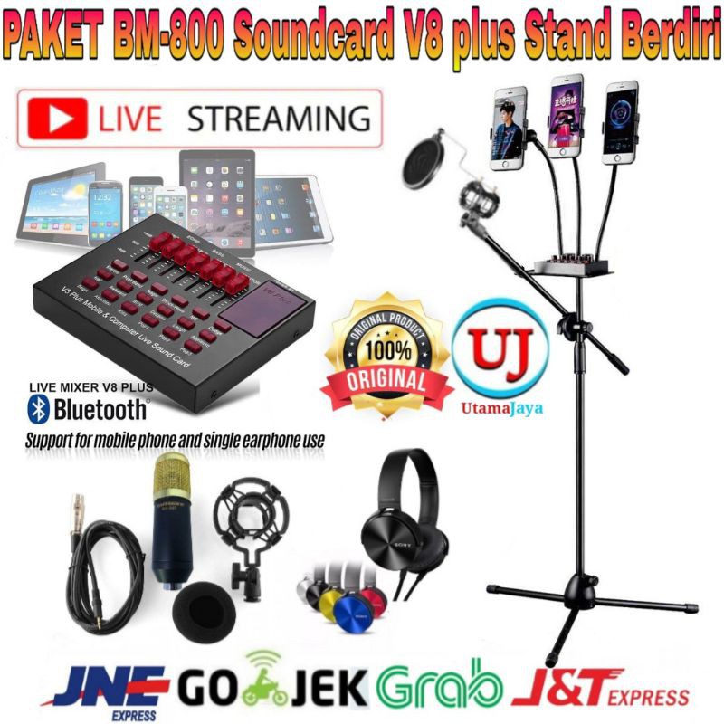 Paket Microphone BM800 Soundcard V8 plus Standing Berdiri 3x phone holder home recording terbaik