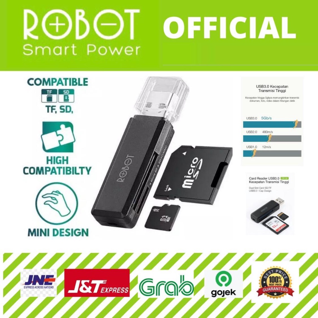 Robot CR102 Card Reader USB 3.0 SD / TF With 2 Slot Hub Super Speed