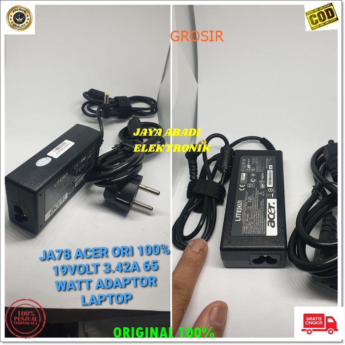 J78 ORIGINAL ACER ADAPTOR LAPTOP SATU SET KABEL POWERNYA 19V 3.42A 65 WATT CHARGER POWER ADAPTER PC ELEKTRONIK FAST CHARGING TRAVEL AC DC SPEED ADAPTIVE MULTI UNIVERSAL VOLT AMPERE VOLTASE LITE ON BISA UNTUK SEGALA JENIS DAN SEGALA MERK LAPTOP NOTEBOOK AC