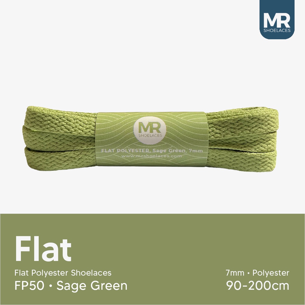 MR Shoelaces FP50 Sage Green (Hijau Muda) Tali Sepatu Polyester Pipih Flat 7mm 80cm 90cm 100cm 120cm 130cm 150cm 180cm 200cm untuk Sneakers - Premium Shoelace