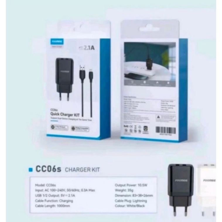 Foomee CC06S / Rexi CR24-L Travel Charger Lightning Dual Usb 2,4a Fast Charging